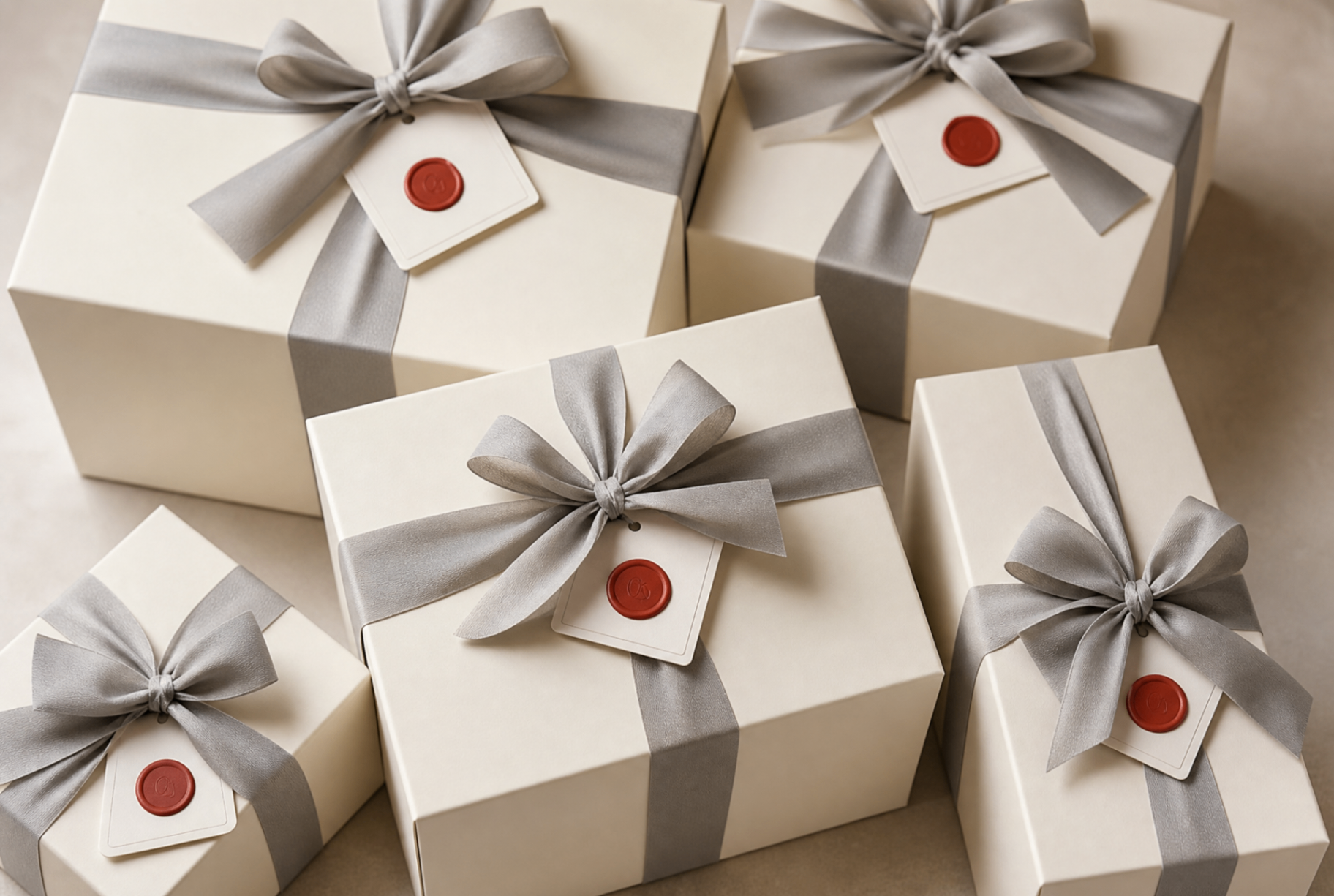 A still life of Grivani gift boxes arranged on a travertine table in a Tuscan villa
