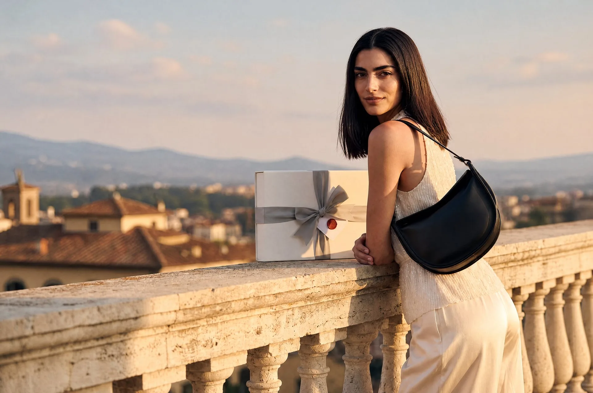 A woman carrying a Grivani leather bag